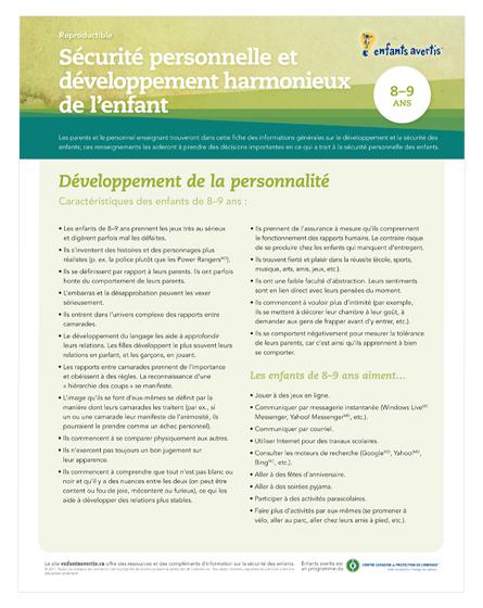 Fiche - Sécurité et  le développement de l'enfant (8-9 ans)